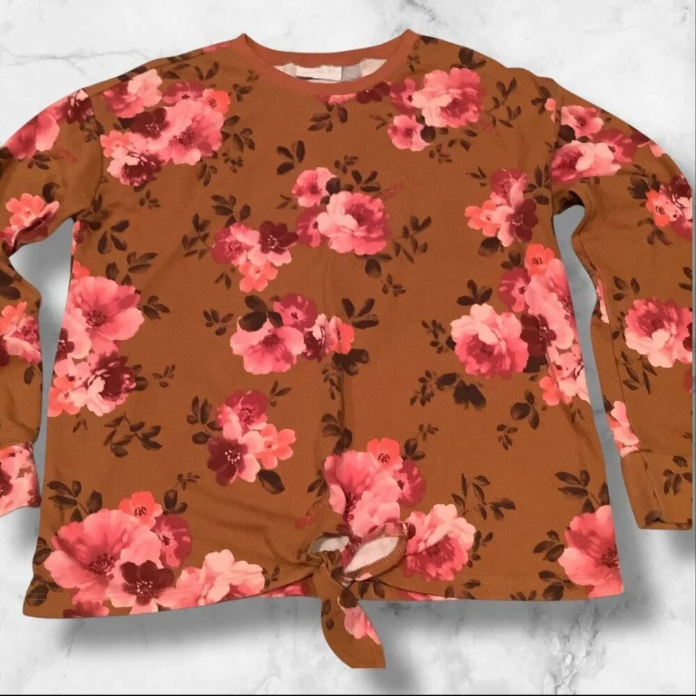 The Children's Place Girls Floral Print Fleece Tie Front Top Brown‎ Long Sleeves